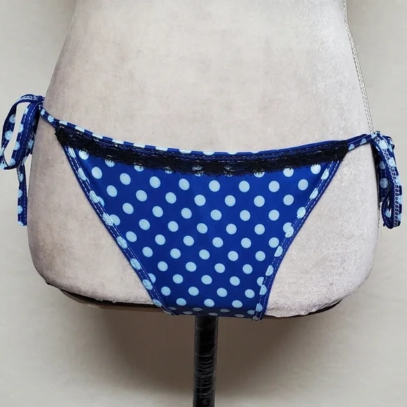 90s Vintage OOAK Handmade Blue Polka-dot Black Lace Side-Tie Triangle Bikini S - Picture 6 of 16